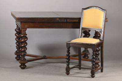Ausziehtisch mit 6 Stühlen im Danziger Barock-Stil, 1880/90, Eiche massiv, Tisch mit 4 gewundenen Säulenbeinen, Platte 4-fach ausziehbar mit ...