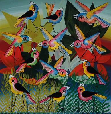 Vier Gemälde der Tingatinga-Schule Tansania, Acryl/Hartfaser, 1 x Paradiesvögel, sign. Mr. Chombo; 1 x Pfau, sign. Mr. Jaffary; 1 x Zebra, sign. ...