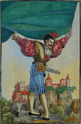 Kolorierter Holzstich, 17. Jh., Fahnenschwenker vor Burg, monogrammiert IK, sekundär koloriert, ca. 22x14cm, Rahmen