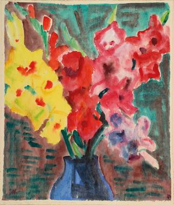 Rolf Müller-Landau, 1903-1956, Aquarell/Papier, Blumenstillleben, links unten monogrammiert, mit Widmung, auf dünnem Karton befestigt, Blattgr. ca. ...