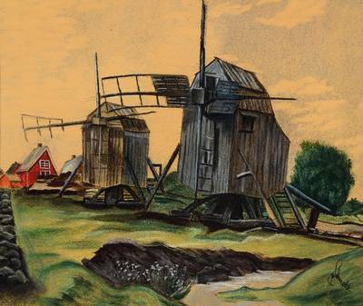 Schmalz, Deutscher Maler, Studium an der Kunstakademie in Mannheim bei Prof. Paul Berger, hier: Windmühlen, Pastell auf Papier, rechts unten ...