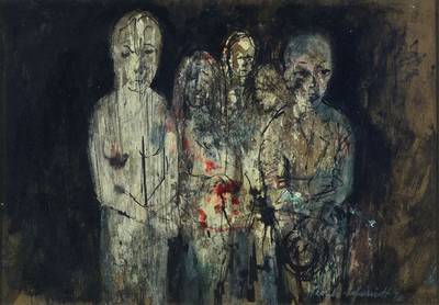 Vera Skoula-Schmidt, 1926-2003, Bittsteller oder Trauernde, Mischtechnik, signiert, datiert 1970, ca. 32x45cm, unter Glas in breitem Rahmen gerahmt
