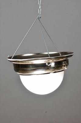 Paar Deckenleuchten, Entwurf Otto Wagner, um 1900, Ausführung 80er Jahre, Messing vernickelt, mundgeblasener Opalglasschirm, Elektrifizierung nicht ...