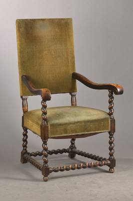 Stuhlsessel, deutsch, um 1880/90, nach dem Frühbarockvorbild von 1680/90, Eiche, reiche Drechselarbeit, Handlauf enden in Voluten, alter Bezug u. ...
