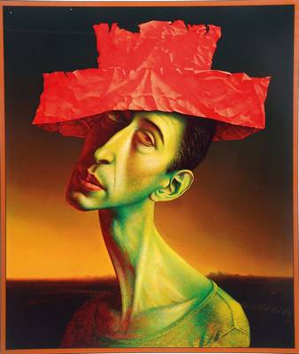 Rudolf Hausner, 1914- 1995, Lithographie, Roter Narrenhut, signiert und nummeriert 151/400, betitelt, Motiv ca. 63x53,5 cm, unter Glas gerahmt