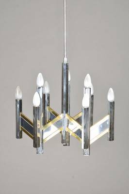 Deckenlampen, Entwurf Gaetano Sciolari, 70er Jahre, Ausführung wohl Italien, vernickeltes Metall u. Messingeinlagen, in strengem Zig-Zag-Design, 3 ...