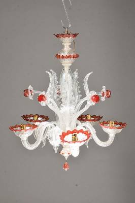 Murano-Deckenlüster, Venedig, 1960er Jahre, Muranoglas, wohl Venini, 5 Brennstellen (dazu Adapter E14), 7-fach in sich gegliedert, 5 ...