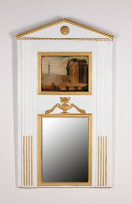 Empire-Trumeau, wohl Frankreich, um 1800, Eiche weiss gefaßt, klassische Architekturornamentik, Ölgemälde auf Holz mit antikisierender ...