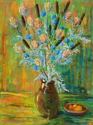 G. Mono, zeitgenössischer Französischer Künstler, Stillleben mit Blumen und Obstschale, Öl/Lwd, rechts unten signiert, rückseitig mit Widmung, ...