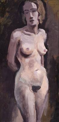Unbekannter zeitgenössischer Künstler, stehender weiblicher Akt, Öl/Karton, unsigniert, ca. 46x24 cm, unter Glas gerahmt