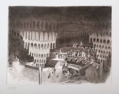 Karl Hubbuch, 1891-1979, Großes Schauspielhaus in Berlin, Radierung, rechts unten Stempelsignatur, num. 6/100, ca. 14x18.5cm, unter Glas, Rahmen