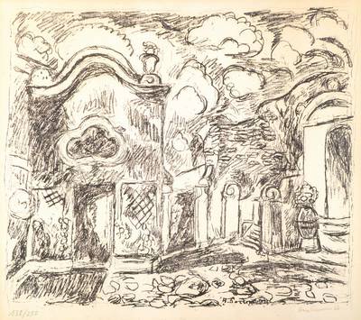 Hans Purrmann, 1880-1966, Kapelle und Brunnen in Levanto, Lithographie, rechts unten Stempelsignatur und dat. 66, num. 138/250, ca. 43x50cm, leicht ...