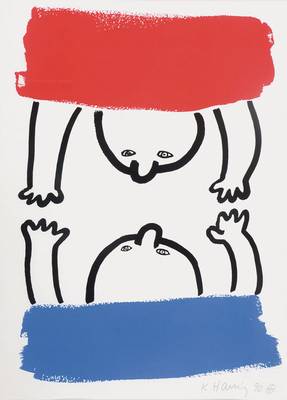 Keith Haring, 1958-1990 New York, Farbserigraphie auf Velin, Blatt 1 aus der Folge "The story of red and blue", 90 Exemplare, hier Nr. HC ...