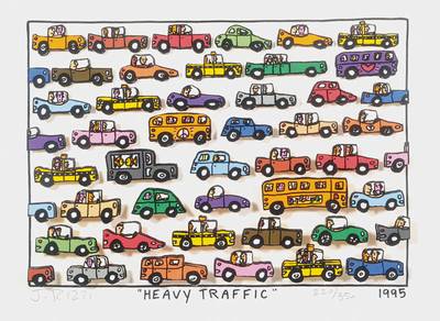 James Rizzi, 1950-2011, 3D-Lithographie, Heavy Traffic, signiert und nummeriert 220/350, datiert 1995, Motiv ca. 19x27 cm, unter Glas gerahmt