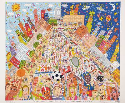 James Rizzi, 1950-2011, Hop, Skip, Jump...Stop, Look, and Laugh, Lithographie, signiert und nummeriert 468/600, Motiv ca. 34x39,5 cm, Blattgr. ca. ...