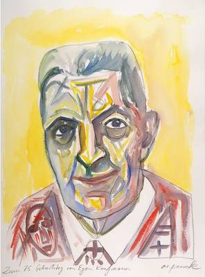 A.R. Penck, geb. 1939, Porträt des Kunsthändlers Egon Kaufmann, Gouache auf Papier, rechts unten signiert, mit handschriftlicher Widmung: Zum 75. ...