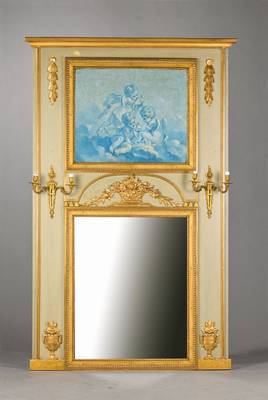 Trumeau, wohl Frankreich, um 1800, Eiche gefaßt, z.T. Fassung aufgefrischt, Ölgemälde auf Holz, Darstellung: 3 Putti mit Tauben, üppiger ...