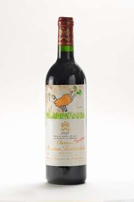 1 Flasche 1999 Chateau Mouton Rothschild, Pauillac, Künstleretikett: Raymond Savignac, into neck, ca. 75 cl, 12,5% Vol., 93 Parker Punkte, ...