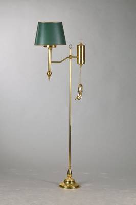 Stehlampe, 60er Jahre, nach dem Vorbild der alten Petroleumlampen(sog. Schiebelampe mit Sturzflasche) um 1900, Beschwerter Sockelfuß sowie ...