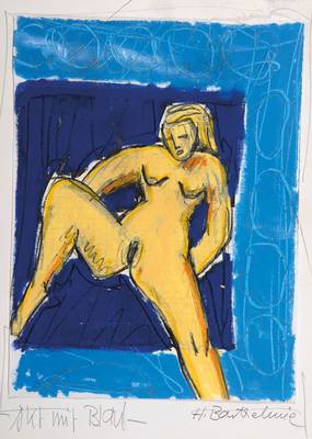 Heide Barthelmie, geb. 1952, Akt mit Blau, Mischtechnik/Papier, Öl/Bleistift, rechts unten signiert, betitelt, ca. 20x15,5 cm, unter Glas gerahmt