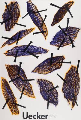 Günther Uecker, geb. 1930, Farblithographie zur Ausstellung 1991, auf leichtem Karton, handsigniert, Erker Galerie St. Gallen, Blattgr. ca. 78x50 ...
