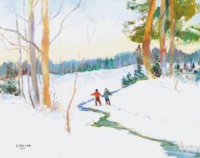 Boris Pavlov, 1928-2005, Winterspaziergänger im Wald in der Nähe von Chambery im Winter 1986, Öl/Holz, signiert und datiert 1968, ca. 40x50 cm, ...