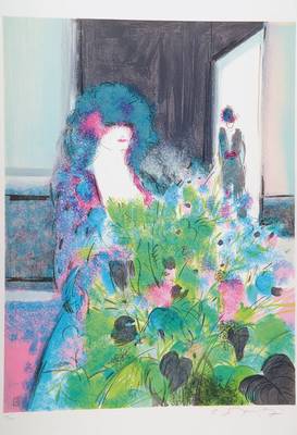 Claude Manoukian, geb. 1936, Femme et fleurs, Farblithographie auf Bütten, handsigniert und nummeriert 20/170, Blattgr. ca. 76x56 cm