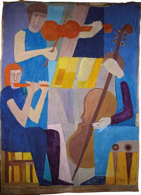 Luise Unger, 1919 Landau-2015, Drei musizierende Figuren, Gouache auf Leinenstoff, als Wandbehang ohne Keilrahmen, unsigniert, aus dem Nachlass ...