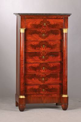 Chiffonieré, sog. Semanieré, Frankreich, um 1870, Mahagoni- bzw. Pyramidenmahagonifurnier auf Eiche- bzw. Weichholzkorpus, seitl. Vollsäulen mit ...