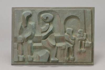 Unbekannter Künstler, datiert (19)72, Bronzerelief, vier abstrakte Figuren, ca. 45x32x4.5cm, Witterungsspuren