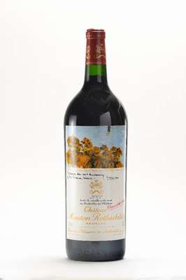 1 Magnumflasche 2004 Chateau Mouton Rothschild, Pauillac, Künstleretikett: Prince de Galles/Prince Charles, into neck, ca. 150 cl, 12,5% Vol., sehr ...