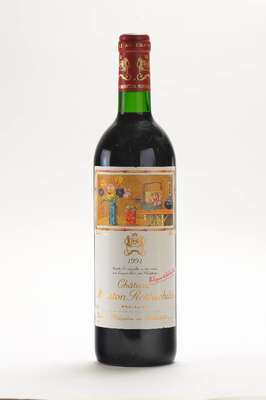 1 Flasche 1991 Chateau Mouton Rothschild, Pauillac, Premier Cru Classe en 1973, Künstleretikett: Setsuko, ca. 75 cl, ca. into neck, 12,5% Vol., sehr ...