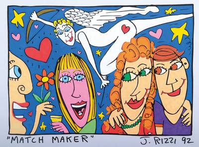 James Rizzi, 1950-2011, Match Maker, Unikat, Acryl/Papier, signiert und datiert 92, Motiv ca. 18x26 cm, unter Glas gerahmt