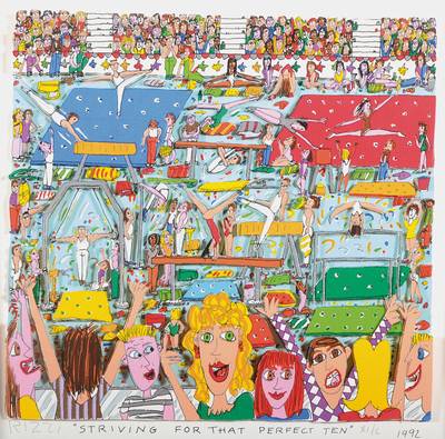 James Rizzi, 1950-2011, 3D-Lithographie, Striving for that perfect ten, signiert und nummeriert XI/L, datiert 1992, Motiv ca. 21x22,5 cm, unter Glas ...