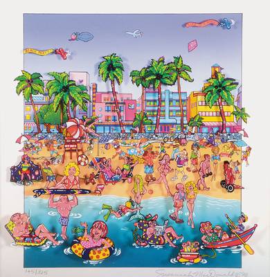 Susannah MacDonald, geb. 1954, Life is a beach, Farbserigraphie, 3D-Optik mit Folie, signiert und nummeriert 145/325, datiert 98, Motiv ca. 28x24 cm, ...