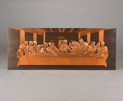 Das Abendmahl nach Leonardo da Vinci, Kupferatelier Walter Benz Zürich, dreidimensional durch verschiedene Ebenen, Kupfer geprägt, ca. 50x130cm, ...