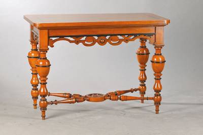 Salontischchen, wohl Holland, um 1880/90, Willem-III-Stil, Kirschbaum massiv u. furniertauf Eiche, frei stellbar, kontrastierend geschwärzte ...