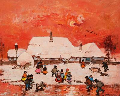 Jancsek, naiver Maler der 1970er Jahre, Winterliches Eisvergnügen im Abendrot, Öl/Lwd, rechts unten signiert, ca. 40x50cm, Rahmen