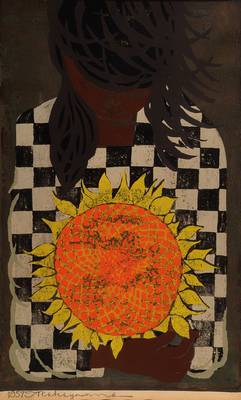 Tadashi Nakayama, geb. 1927, Mädchen mit Sonnenblume, Farbholzschnitt mit Metallprägung, von 1957, handsigniert, ca. 60x38cm, unter Glas, Rahmen