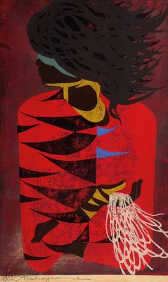 Tadashi Nakayama, geb. 1927, Mädchen mit Netz, Farbholzschnitt mit Metallprägung, von 1957, handsigniert, ca. 60x38cm, unter Glas, Rahmen