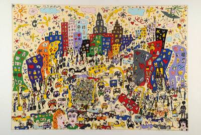 James Rizzi, 1950-2011, Eastside Westside Uptown and Down, eindimensionale Farbserigraphie von 1978, handsigniert, datiert, betitelt und num. 24/150, ...