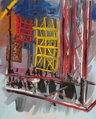 Baback Tscharandabi, geb. 1966, ansässig in Berlin, hier: Zur Situation Kranarbeiten, Acryl/Lwd, schwer lesbar signiert und betitelt, ca. 48x38 cm, ...