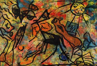 Lupo, Wilfried P. Wolff, geb. 1941, Öl/Papier, links unten signiert, Blattgr. ca. 41x59 cm, auf dünnem Karton befestigt