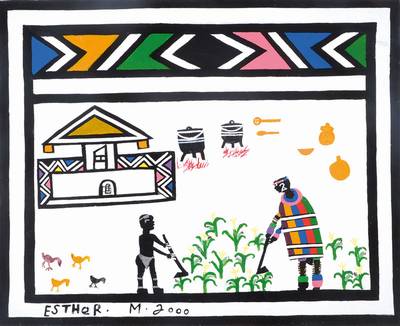 Esther Mahlangu, geb. 1935, Mischtechnik auf Leinen, handsigniert Unikat aus dem Jahre 2000, ca. 78 x 56 cm, aus dem Mappenwerk "Dialogue of ...