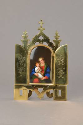 Heiligenbild, Klösterle, Böhmen, um, 1870, Mutter Gottes mit Kind, fein gedruckte Umrisse, Handmalerei, Messingrahmen graviert, ca. 29 x 18 cm, ...