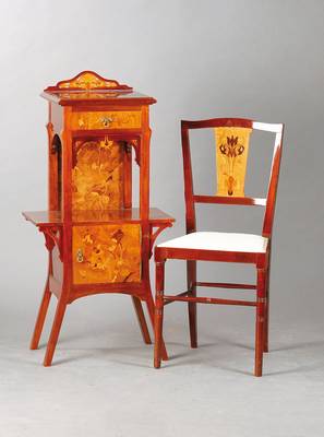 Zierschränkchen/Blumentischchen mit Stuhl, Frankreich, um 1900, auf Rahmen gearbeitet, 1 integrierte Schublade, Schrankfach, Rückseite und ...