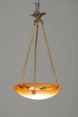Deckenlampe, Schneider, Frankreich, Paris, um 1926/28, farbloses Glas, zwischen den Schichten grau, gelb und orange eingepudert, Wolken artige ...