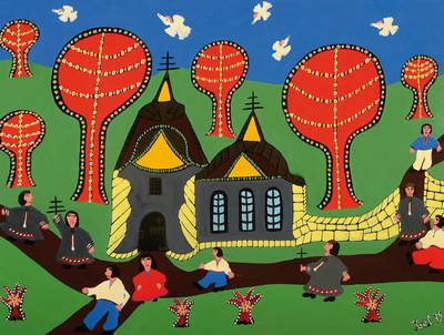 Werner Koal, 1939 Dresden-1990 Mannheim, bekannter deutscher Vertreter der Naiven Kunst, hier: Landschaft mit Personen, Öl/Holz, war 1975 in der ...