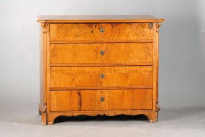 Louis-Philippe-Kommode, mitteldeutsch, wohl Hessen, um 1850/60, Nussbaum- u. Wurzelnussfurnier z.T. doppelt gespiegelt verlegt auf Weichholzkorpus, ...