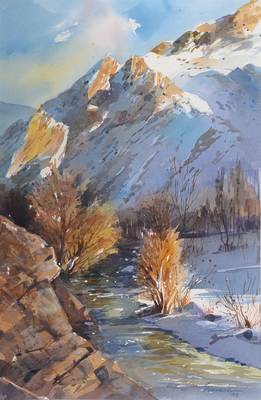 Sirvash, zeitgenössischer Künstler aus Teheran, Damovan-Gebirge, zwei Aquarelle, signiert und einmal datiert 98, ca. 35 x 52 cm, unter Glas, Rahmen